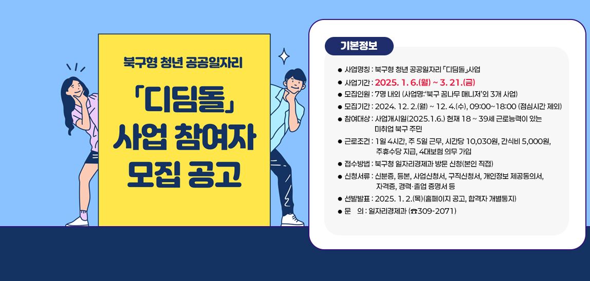 - 사업명칭 : 북구형 청년 공공일자리 「디딤돌」사업
                        - 사업기간 : 2025. 1. 6.(월) ~ 3. 21.(금)
                        - 모집인원 : 7명 내외 (사업명:‘북구 꿈나무 매니저’외 3개 사업)
                        - 모집기간 : 2024. 12. 2.(월) ~ 12. 4.(수), 09:00~18:00 (점심시간 제외) 
                        - 참여대상 : 사업개시일(2025.1.6.) 현재 18 ~ 39세 근로능력이 있는 미취업 북구 주민
                        - 근로조건 : 1일 4시간, 주 5일 근무, 시간당 10,030원, 간식비 5,000원, 주휴수당 지급, 4대보험 의무 가입
                        - 접수방법 : 북구청 일자리경제과 방문 신청(본인 직접)
                        - 신청서류 : 신분증, 등본, 사업신청서, 구직신청서, 개인정보 제공동의서, 자격증, 경력․졸업 증명서 등
                        - 선발발표 : 2025. 1. 2.(목)(홈페이지 공고, 합격자 개별통지)
                        - 문    의 : 일자리경제과 (☎309-2071)