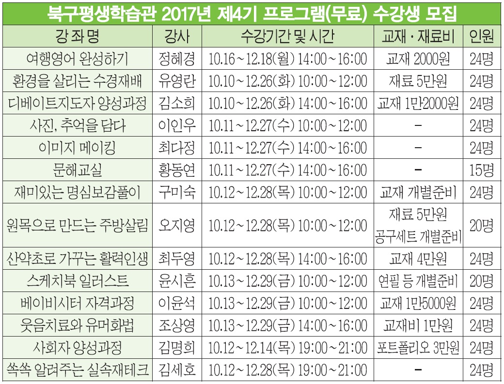 북구평생학습관 10월 개강 강좌 수강신청 접수